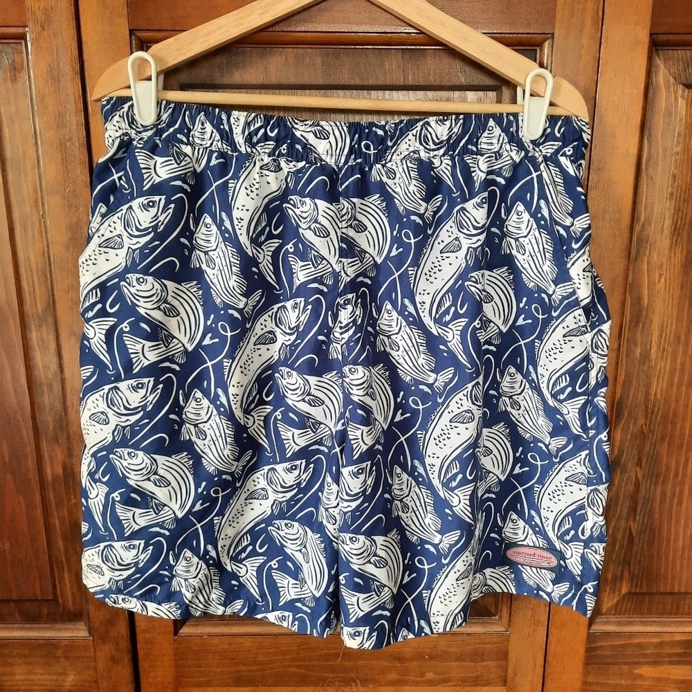 Vineyard Vines Chappy Swim Trunks Blue White Fish Print Mesh Lined Swim Shorts